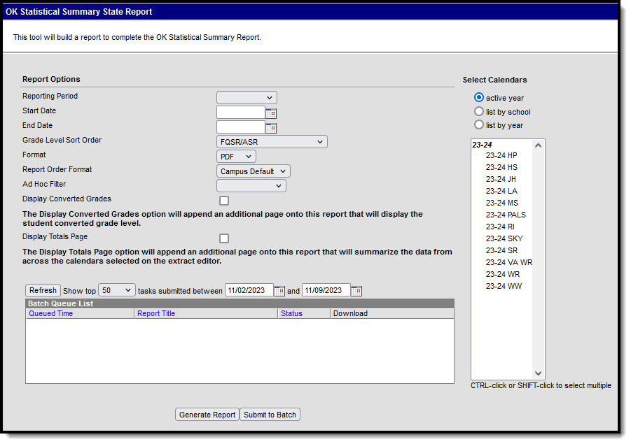 Screenshot of the Statistical Summary State report editor. 