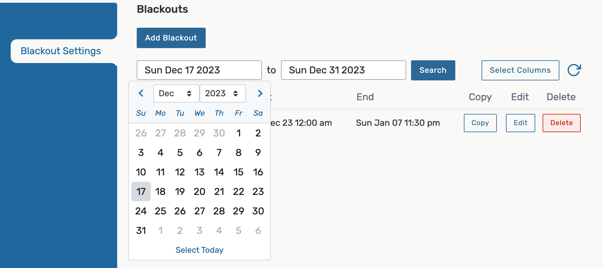 Start and end date calendar picker 