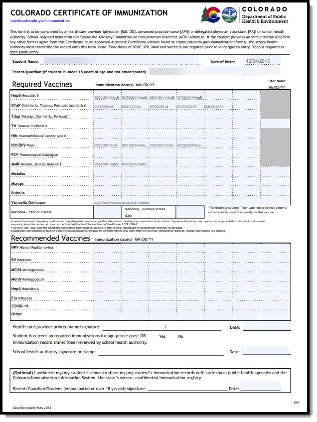 Screenshot of a PDF Colorado State Immunization Certificate Example.