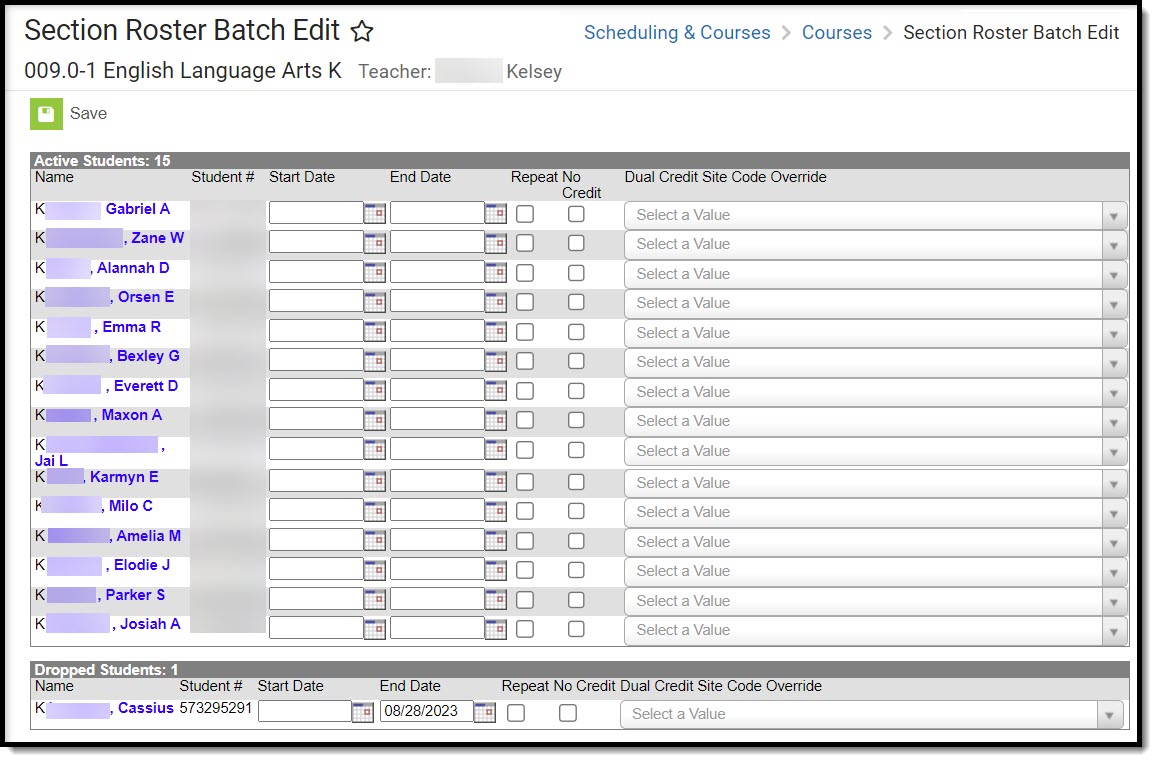 Screenshot of the Section Roster batch edit tool.