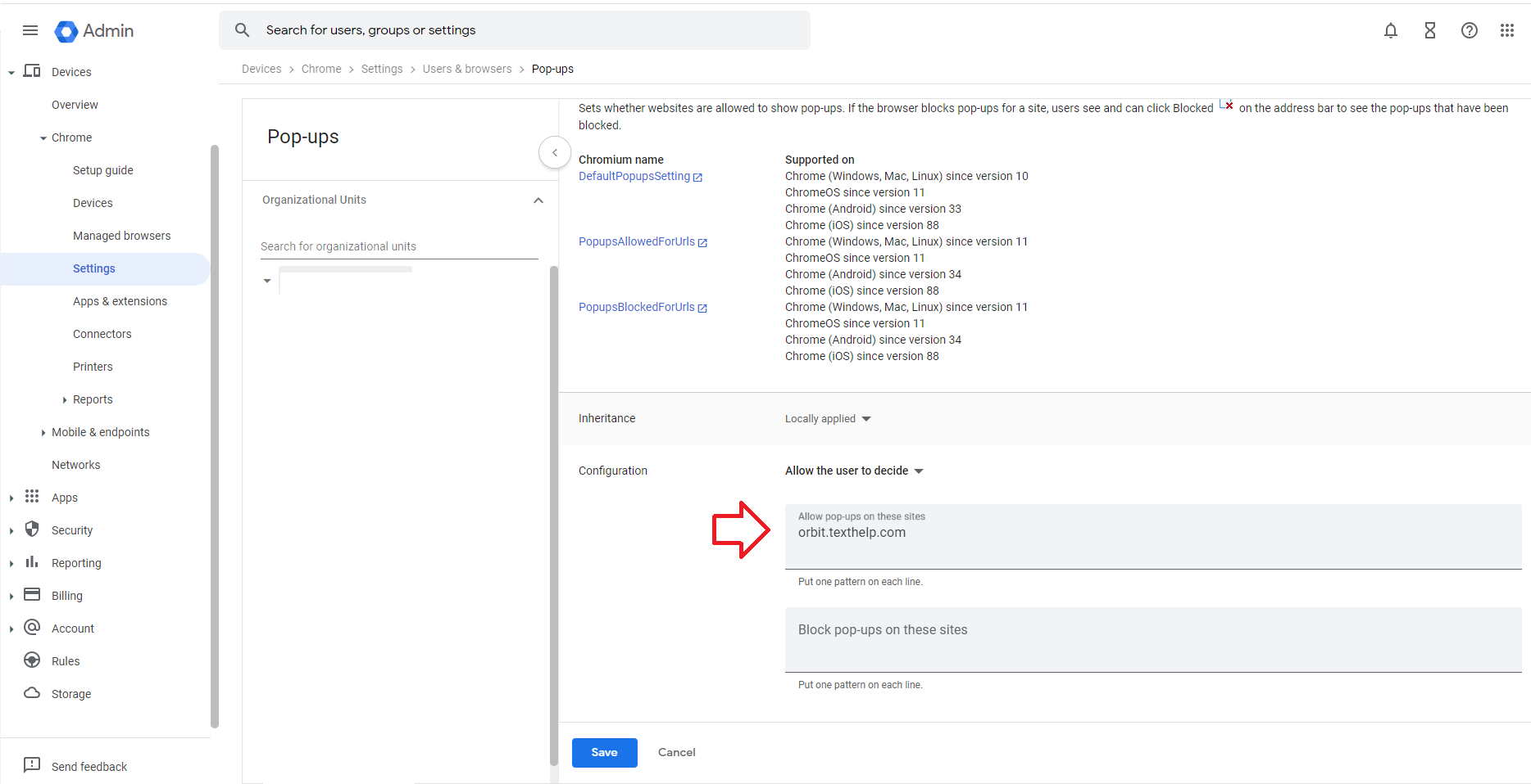 Screenshot of Google Admin Console pop-ups settings