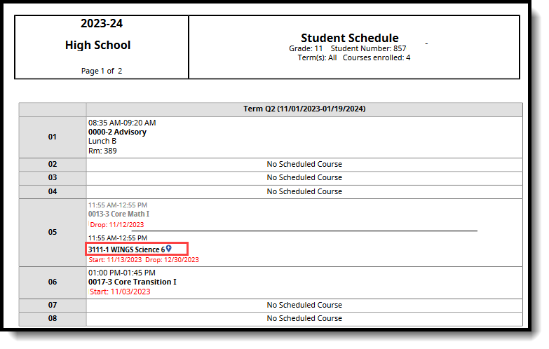 Screenshot of the student's printed schedule showing cross-site courses
