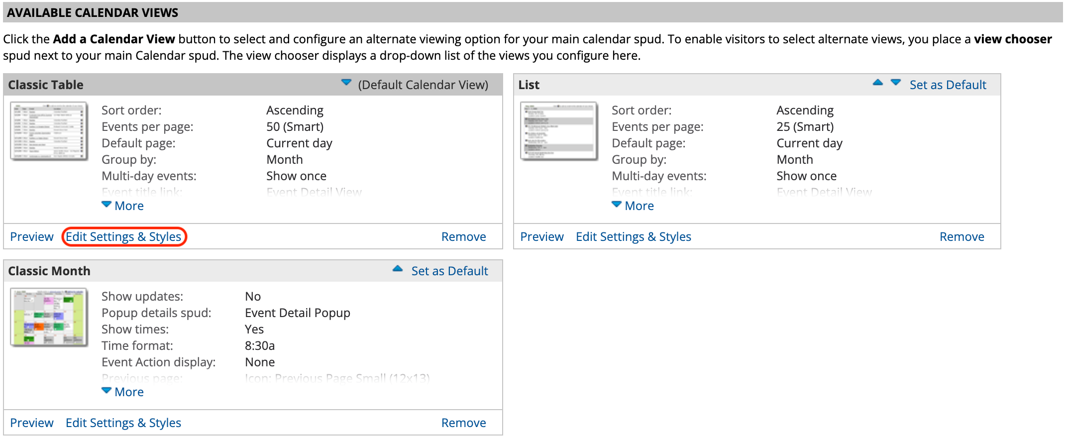 Edit settings and styles button under each calendar view