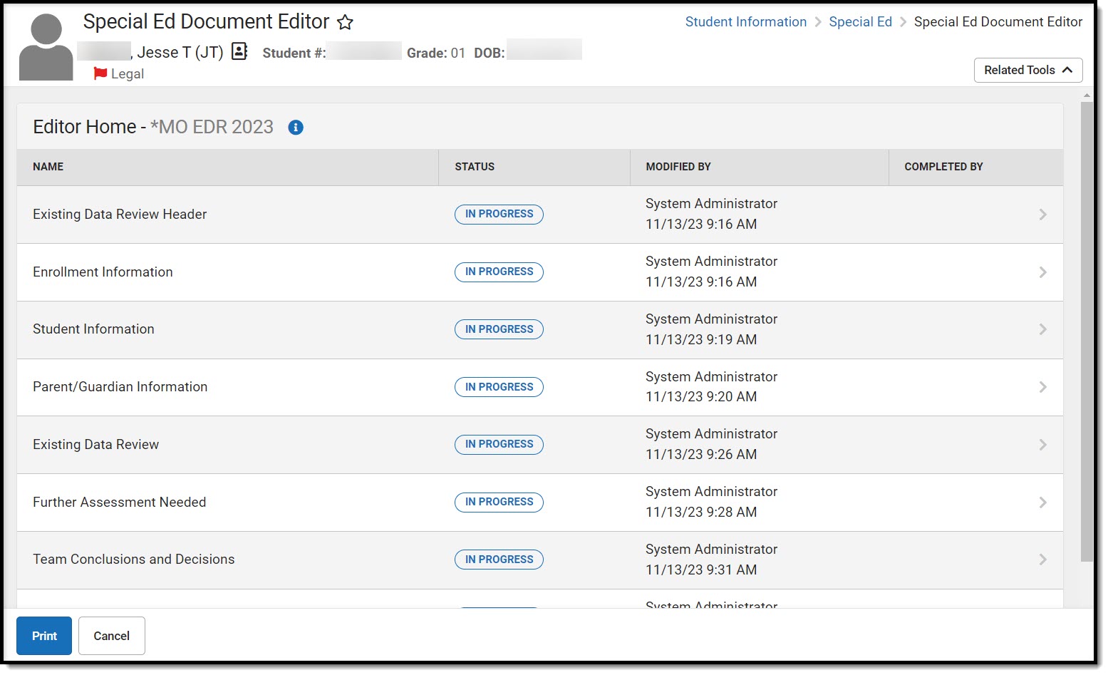Screenshot of the Existing Data Review editor home screen.