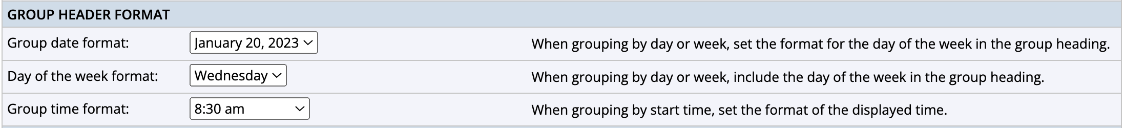 Group header format settings