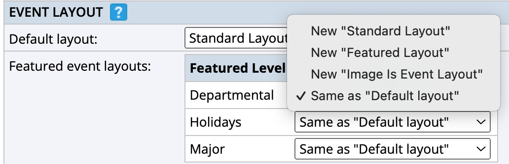 Default layout dropdown settings