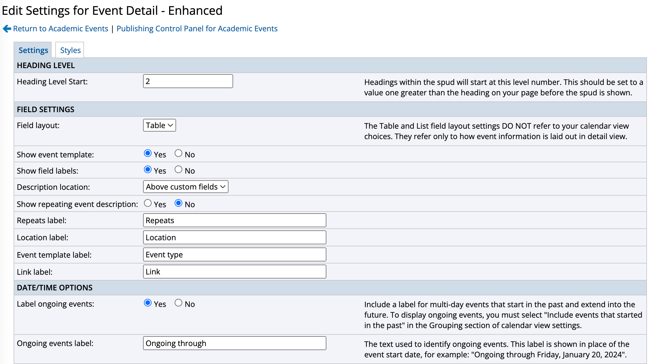 Edit settings for event detail enhanced settings