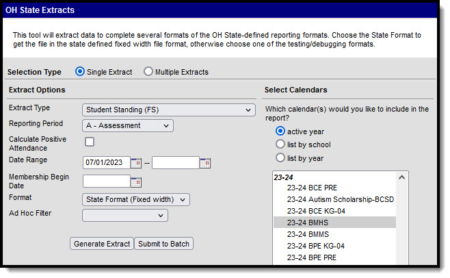 Screenshot of the student standing (FS) extract editor.  
