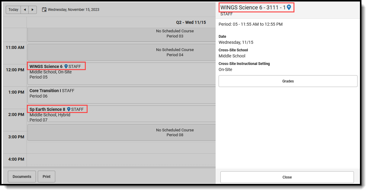 Screenshot of the Schedule Calendar View with Cross-Site Courses