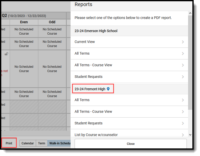 Screenshot of the Reports Panel showing the Cross-SIte indicator next to the school name