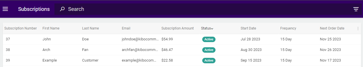The Subscriptions dashboard with some example subscriptions
