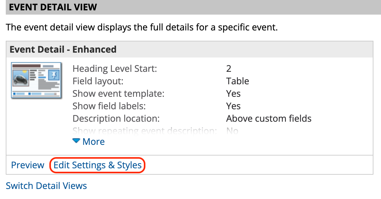 Edit settings and styles in the event detail view