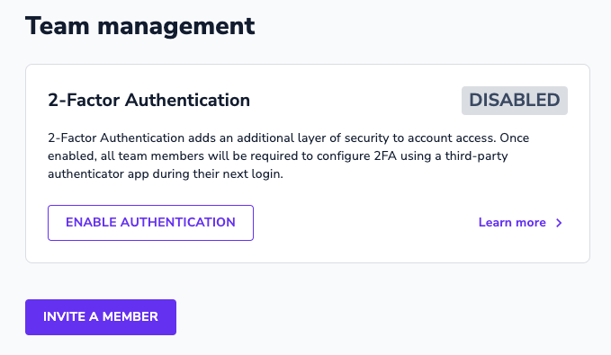 Team management section with the button to enable the 2-factor authentication
