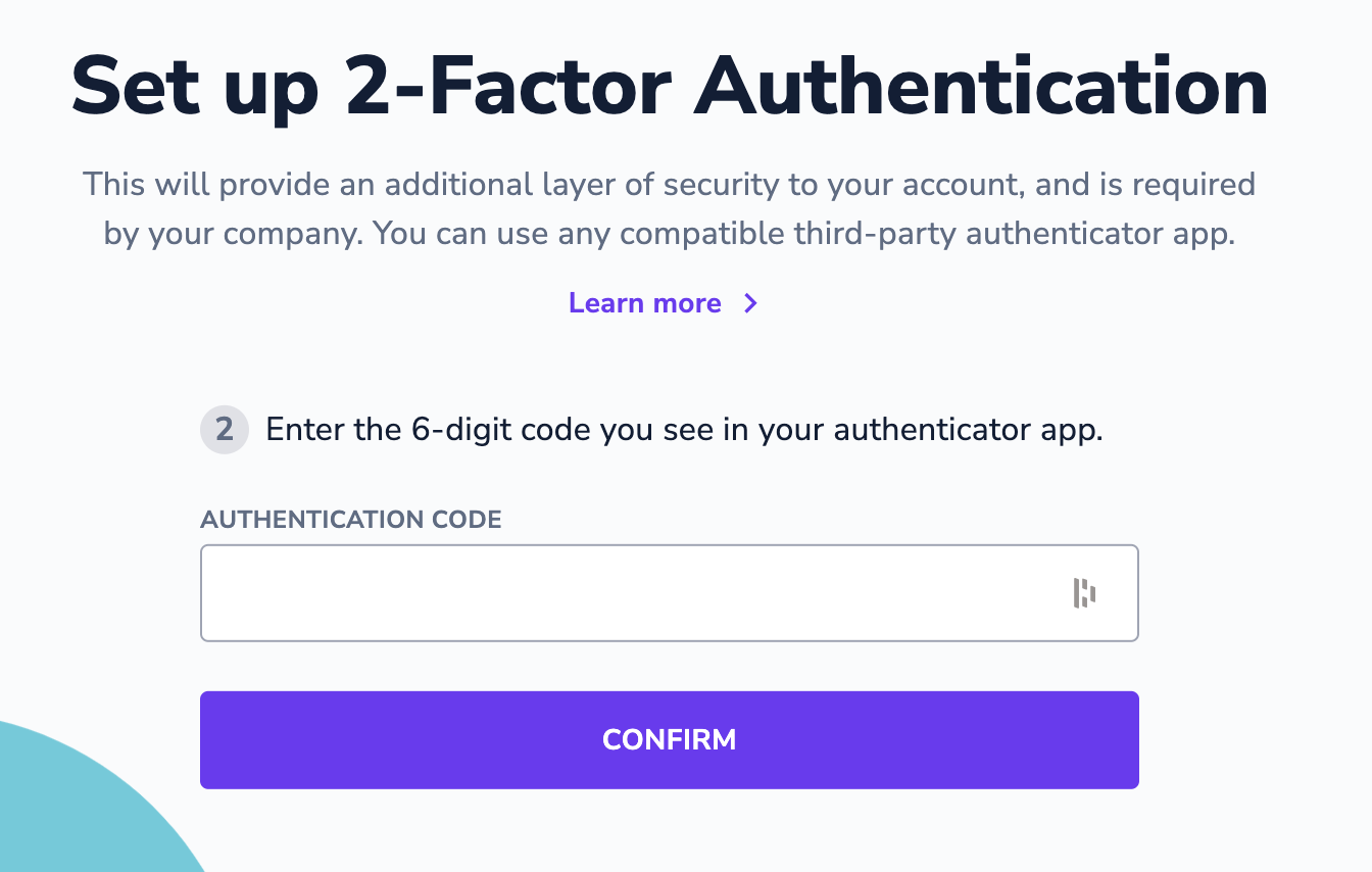 Field to add a 6-digit code form your authentication app