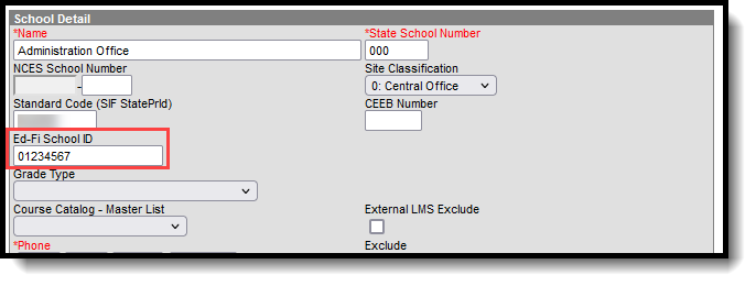 Screenshot of School Detail with Ed-Fi School ID field highlighted.