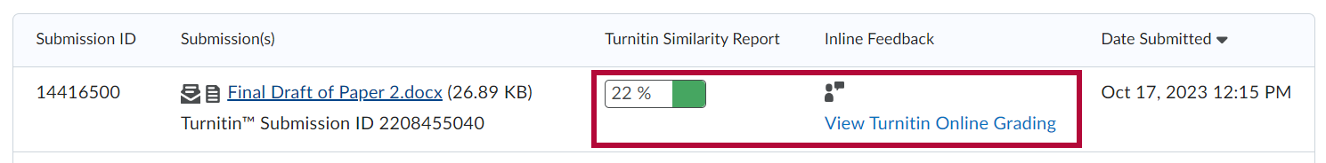 Identifies the Similarity column with Turnitin Similarity score & Grademark link in the feedback column.