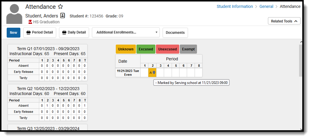 Screenshot of the Student Attendance tool with an Absent in the Cross-site Course Section
