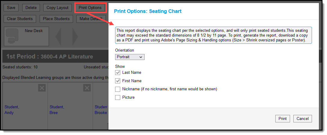 Screenshot highlighting the Report Options button at the top of the Seating Charts tool and the print options that display. 