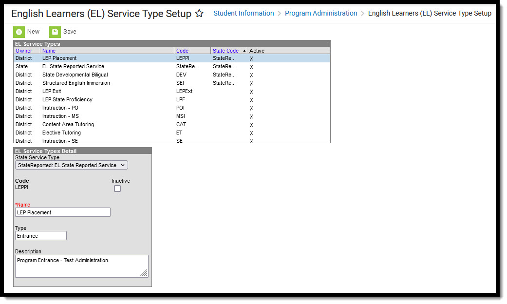Image of English Learners Service Type Setup tool with LEP Placement selected and expanded.