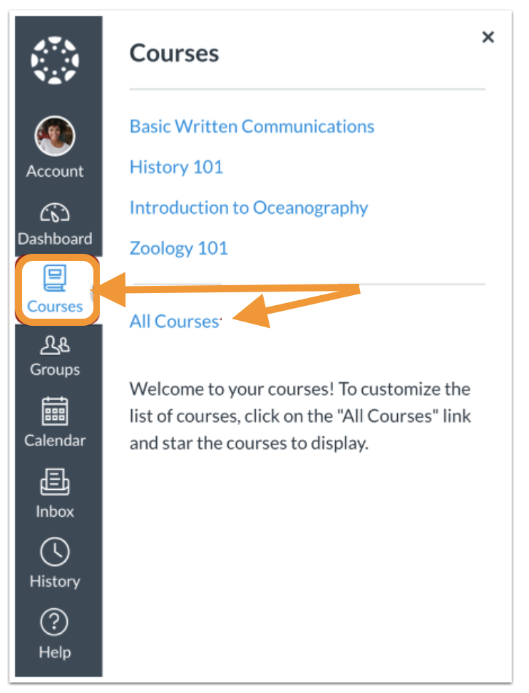 An image of the Navigation Bar in Canvas (located on the left hand side of the screen). The image shows the Courses icon and the All Courses link. Selecting these things is the first step in customizing your course list. The text reads 