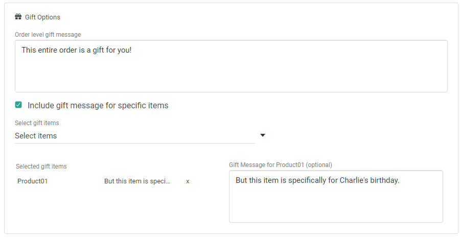 The Gift Options section of an order with an order-level message and an item message.
