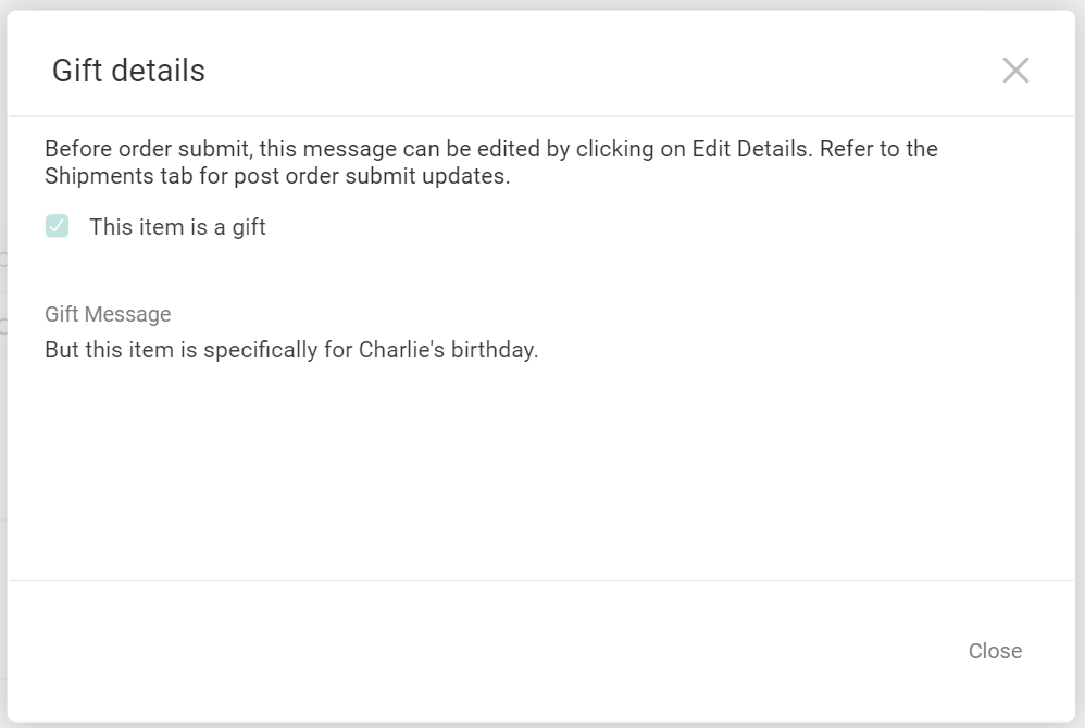 The Gift Details pop-up displaying a non-editable item gift message.