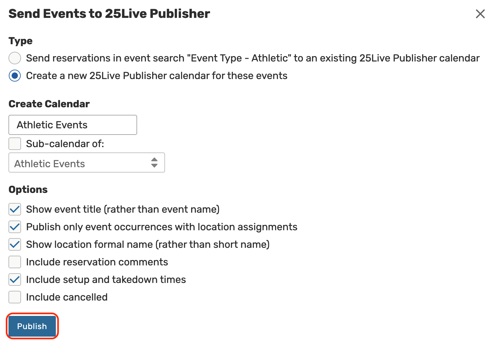 Publish button on the send events to 25live publisher configuration window