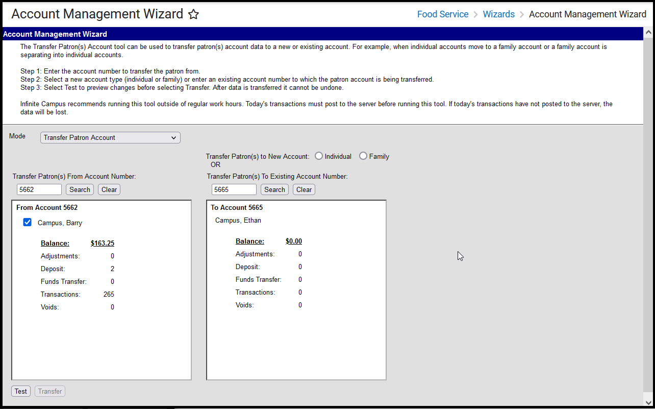 Screenshot of the Account Management Wizard when the Mode is set to Transfer Patron Account.