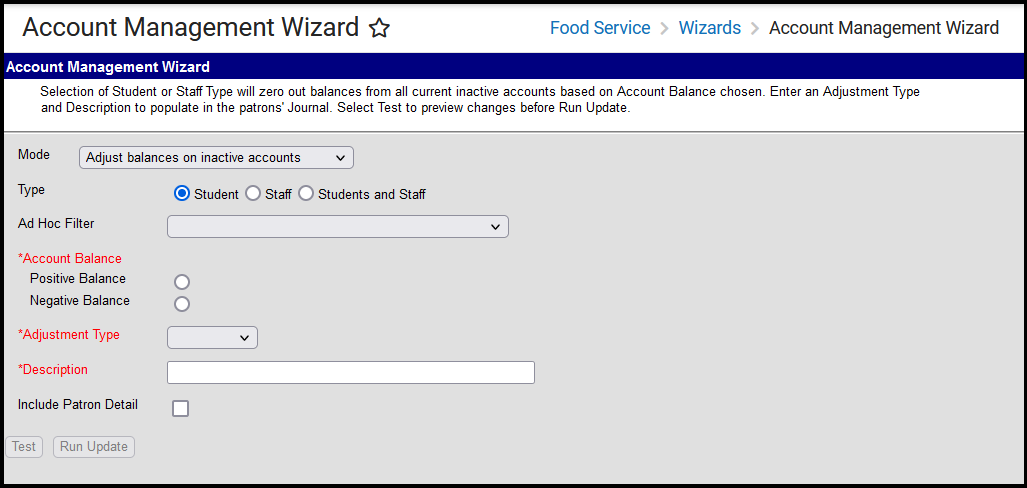 Screenshot of the Account Management Wizard when the Mode is set to Adjust balances on inactive accounts.