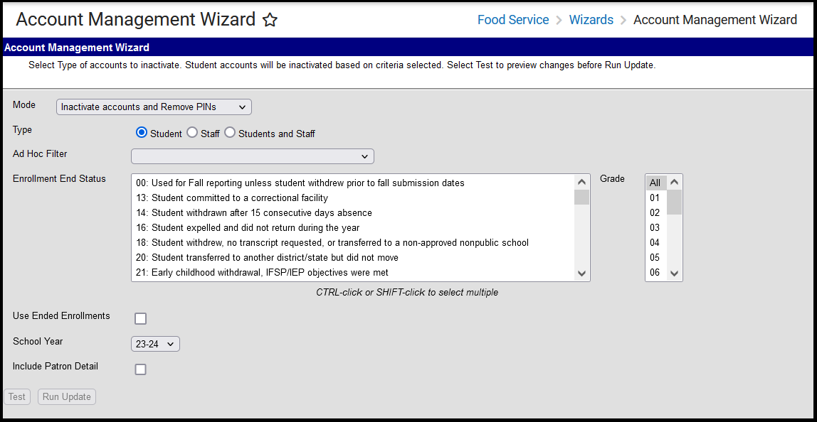 Screenshot of the Account Management Wizard when the Mode is set to Inactivate accounts and remove PINs for students.