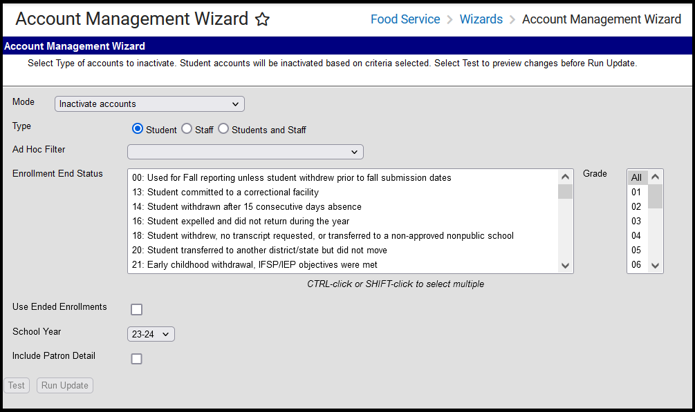 Screenshot of the Account Management Wizard when the Mode is set to Inactivate accounts for students.
