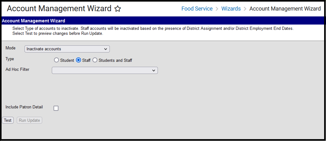 Screenshot of the Account Management Wizard when the Mode is set to Inactivate accounts for staff.