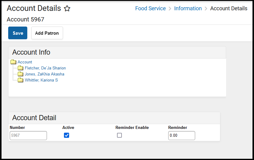 Screenshot of the Account Details tool for a family account.