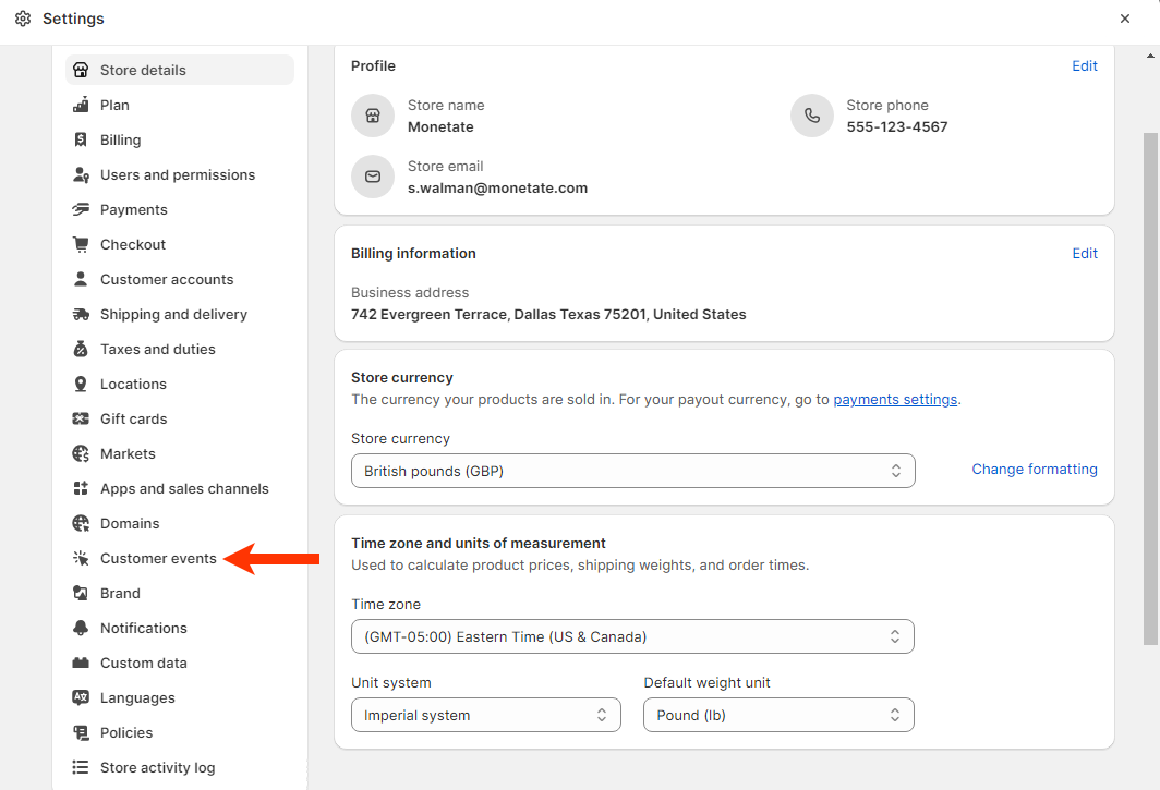 Callout of the 'Customer events' option in the left-hand navigation of the Settings panel of Shopify admin