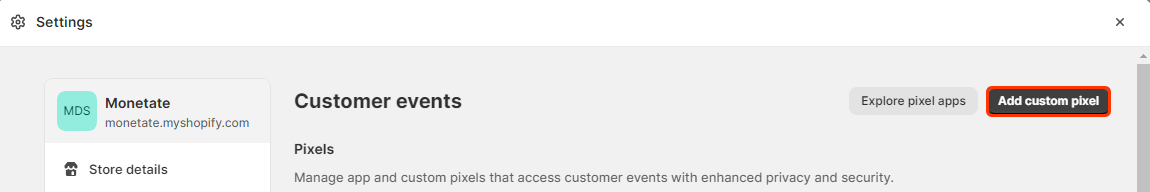 Callout of the 'Add pixel' button on the 'Customer events' panel of the Shopify admin settings
