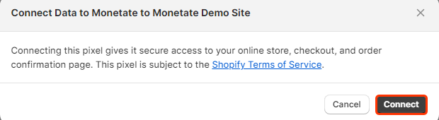 Callout of the Connect button on the custom pixel advisory modal of the 'Customer events' panel of the Shopify admin settings