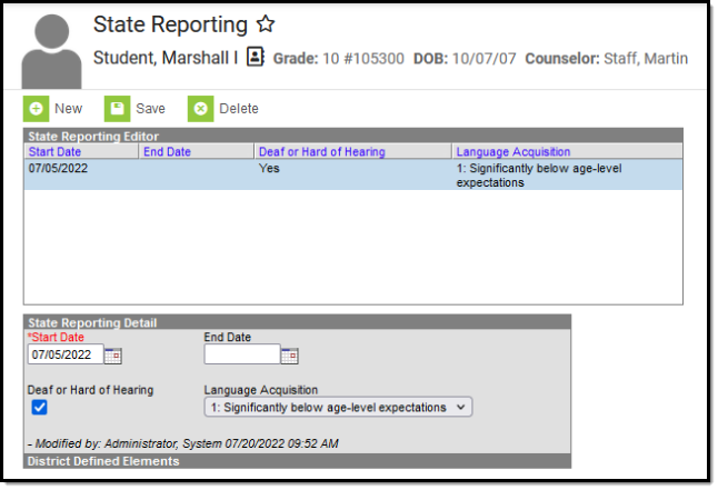 Image of the Special Education State Reporting Detail editor.