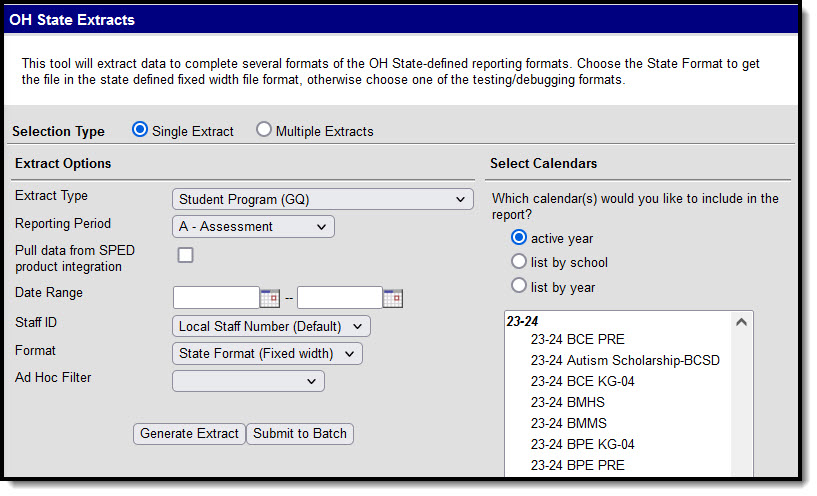 Screenshot of the student program (GQ) extract editor.  