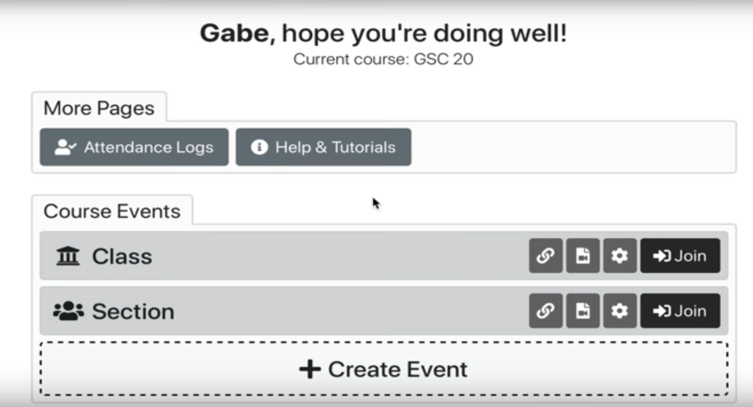 Gather page showing Join button for Class and Section