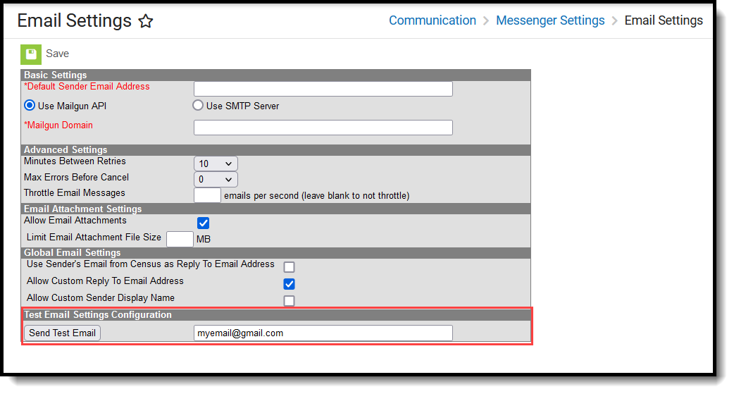 Screenshot of Test email settings configuration