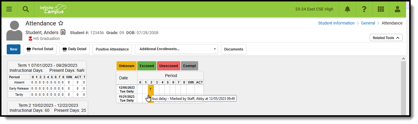 Screenshot of the student attendance record at the serving school