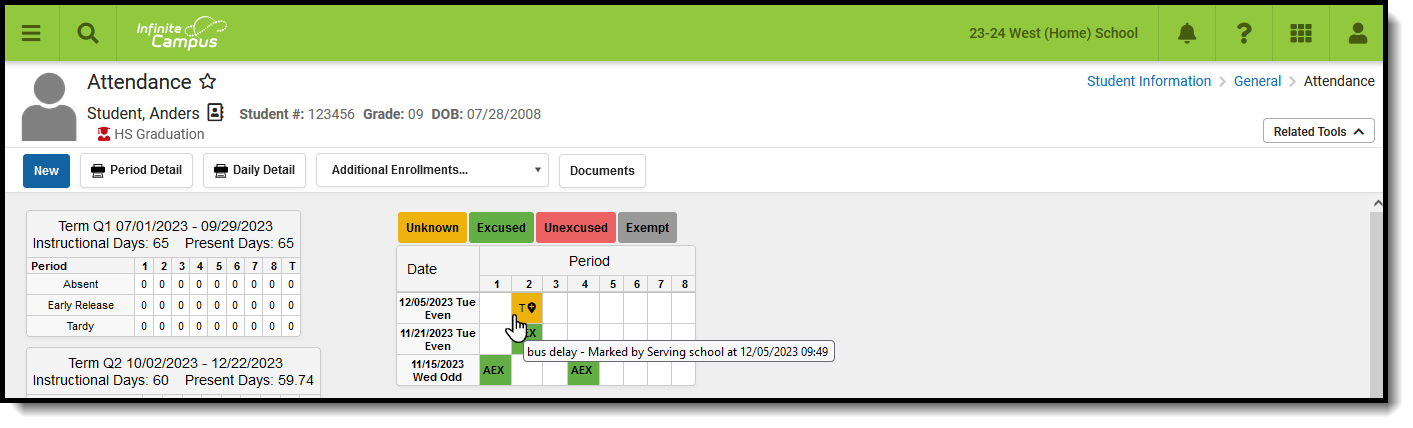 Screenshot of the student attendance record at the home school