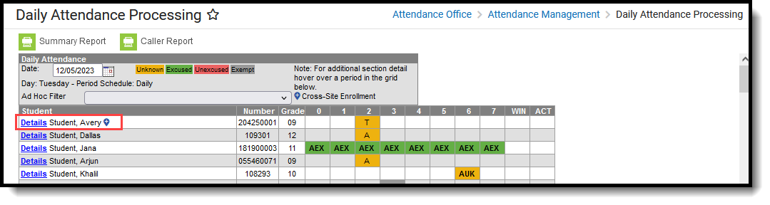Screenshot of the Daily Attendance tool highlighing the Cross-Site student 