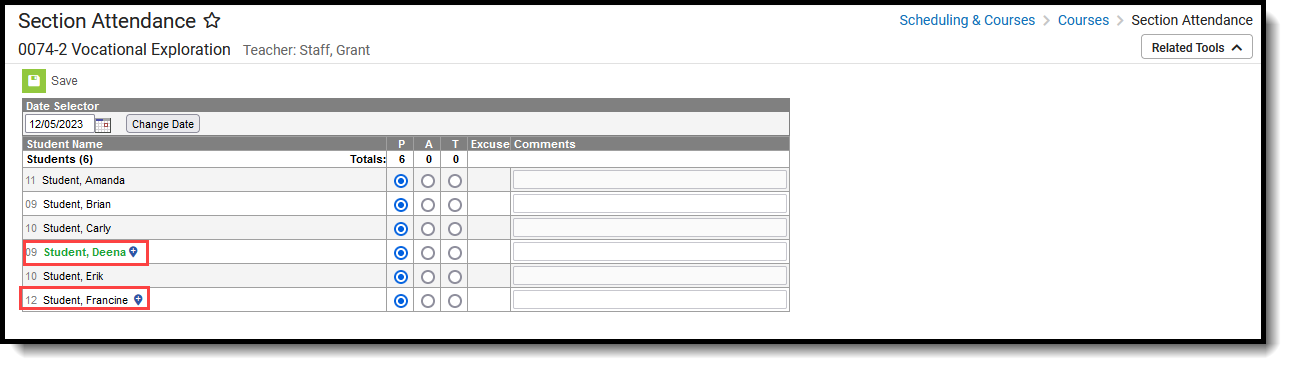 Screenshot of the Section Attendance tool, highlighting the Cross-Site students
