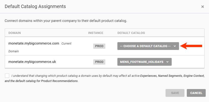 Callout of the DEFAULT CATALOG selector for an account instance's domain on the 'Default Catalog Assignments' modal. The domain doesn't have a default product catalog dataset selected.