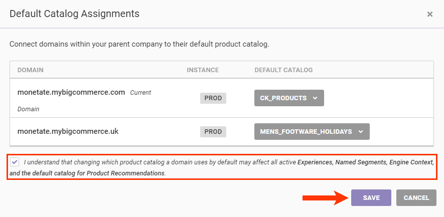 Callout of the checkbox accompanying the acknowledgement statement and of the 'SAVE' button on the 'Default Catalog Assignments' modal