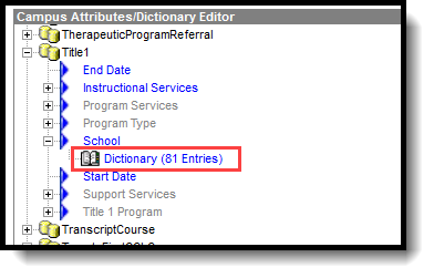 Screenshot of the Dictionary option for Title 1 School.