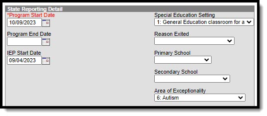 Screenshot of the state reporting detail fields.