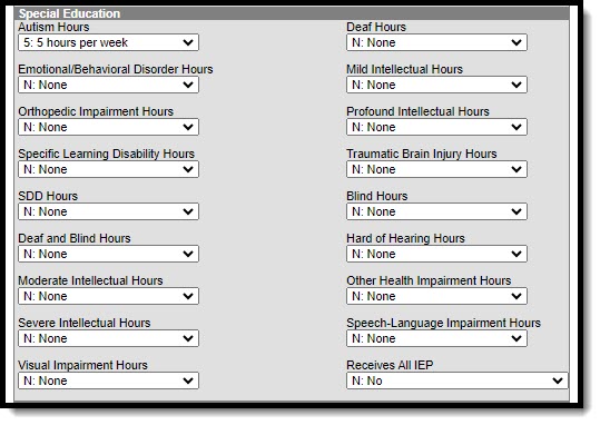 Screenshot of the Special Education State reporting fields.
