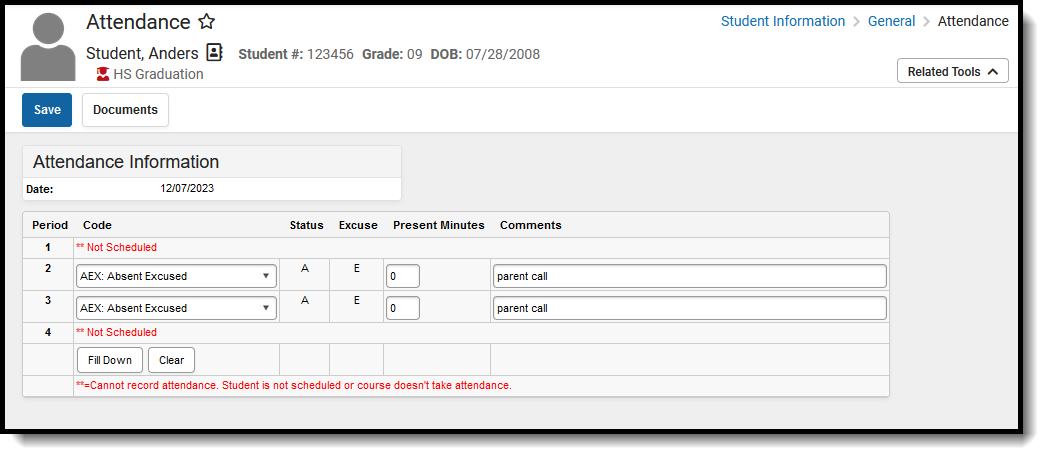 Screenshot of the student's Attendance entry for the day for all periods based on parent call. 